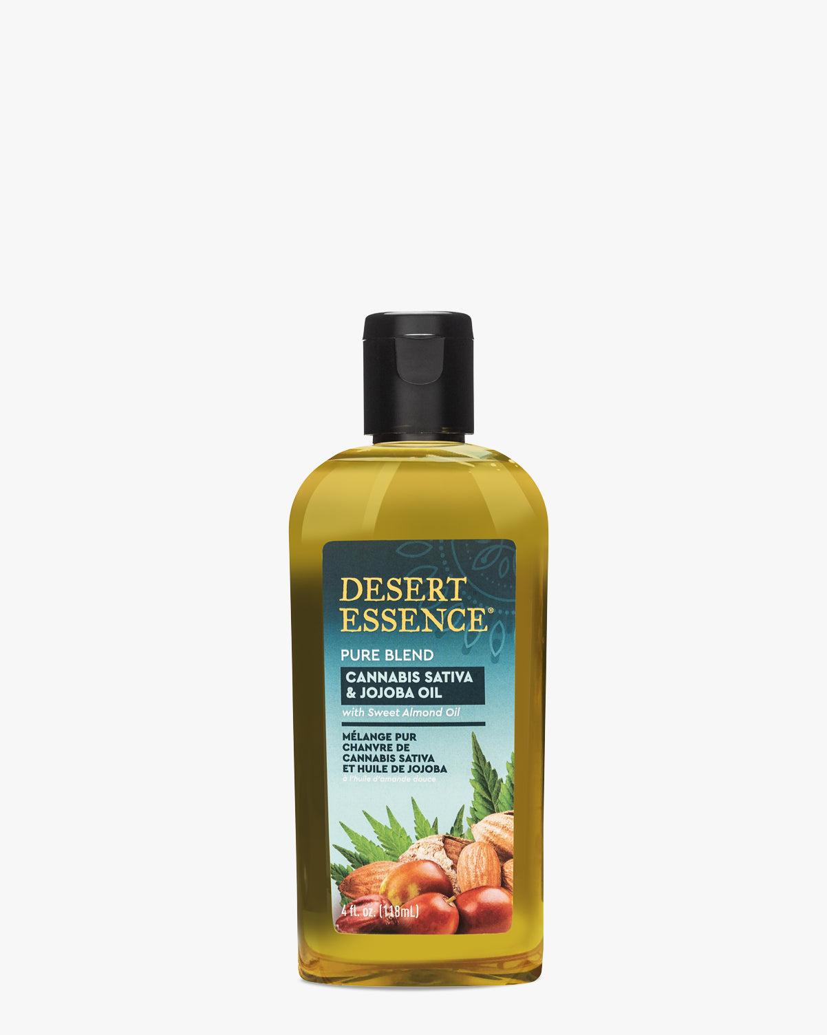 Cannabis Sativa & Jojoba Pure Oil Blend, 4 Fl Oz by Desert Essence - Clear amber bottle containing natural oil blend featuring hemp and jojoba ingredients, with black cap and teal label design showing botanical ingredients