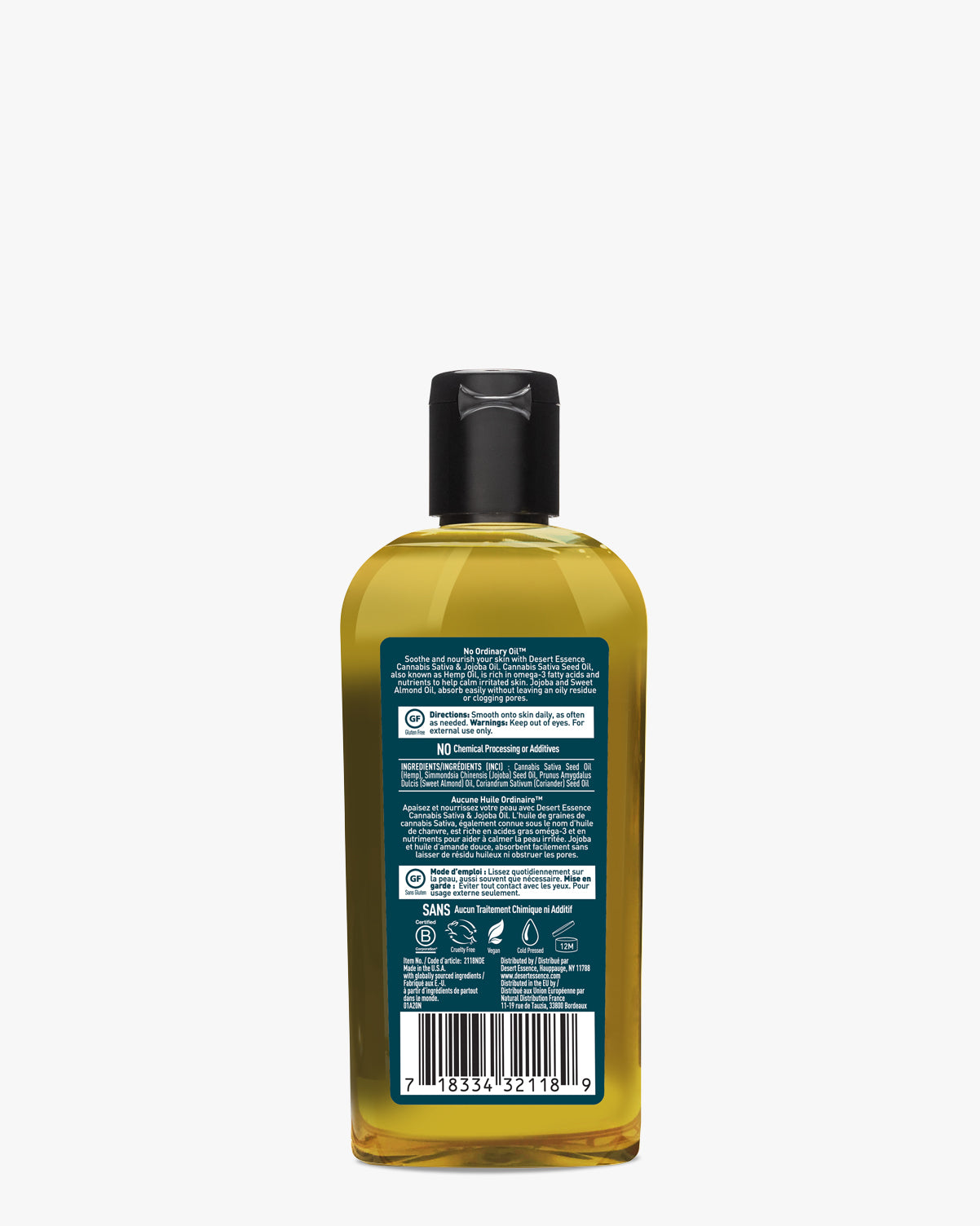 Cannabis Sativa & Jojoba Pure Oil Blend in a clear 4 fl oz bottle with black cap, showing amber-colored oil and blue product label with white text on the back. Natural skincare oil blend for calm, balanced skin.