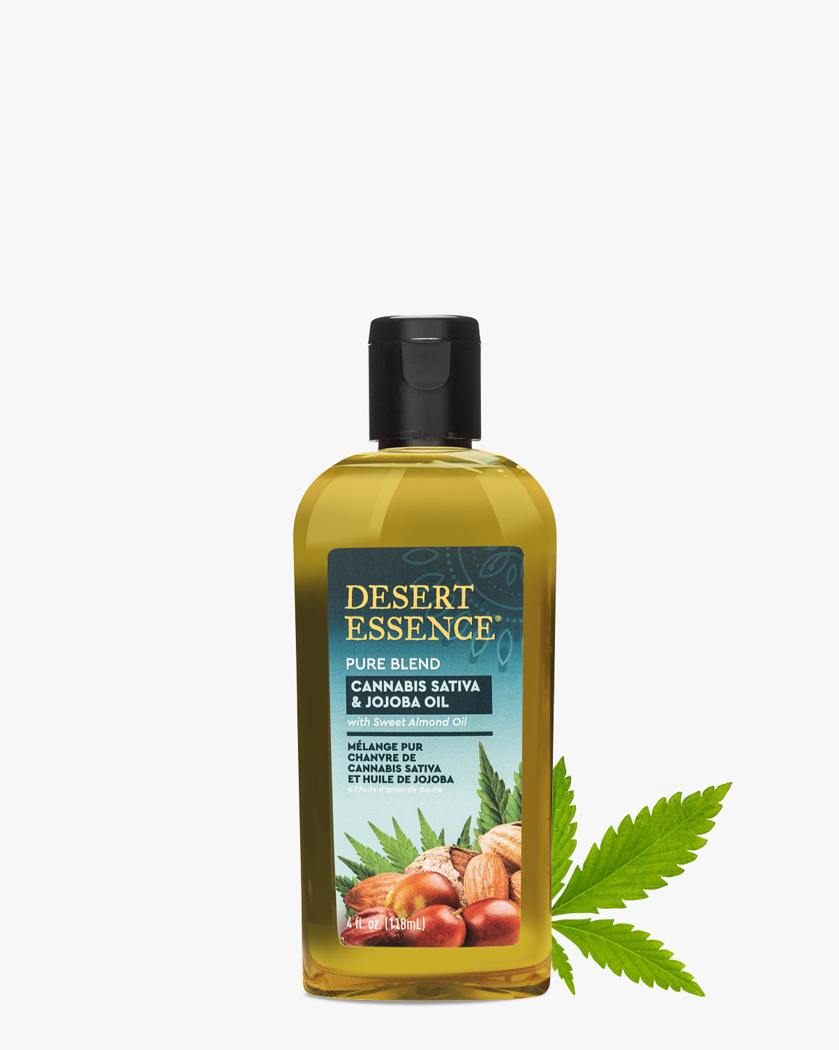 Cannabis Sativa & Jojoba Pure Oil Blend by Desert Essence, featuring a transparent amber bottle with black cap, containing golden oil blend. Green cannabis leaf and almond graphics on label showcase key ingredients. 4 fl oz bottle against white background.