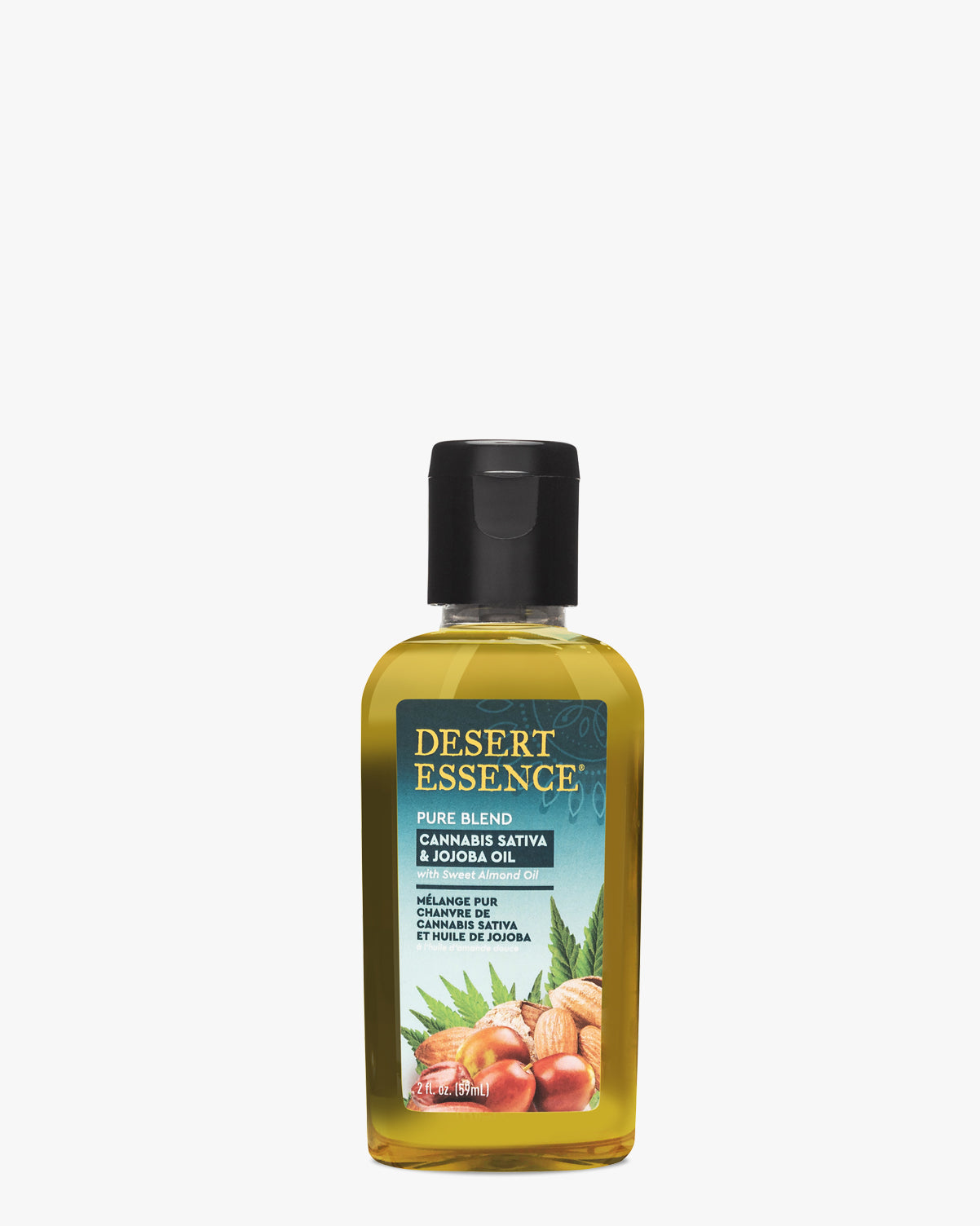 Cannabis Sativa & Jojoba Pure Oil Blend, 2 Fl Oz by Desert Essence - Clear glass bottle containing golden yellow oil blend with black cap, featuring botanical label design with plant illustrations against white background.