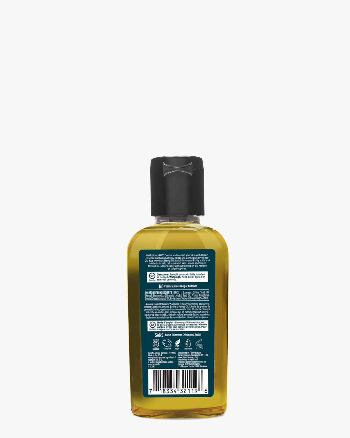 Cannabis Sativa & Jojoba Pure Oil Blend, 2 Fl Oz bottle showing a transparent golden oil blend with black cap and teal label containing product information on a white background. Pure plant-based skincare oil for soothing and nourishing all skin types.