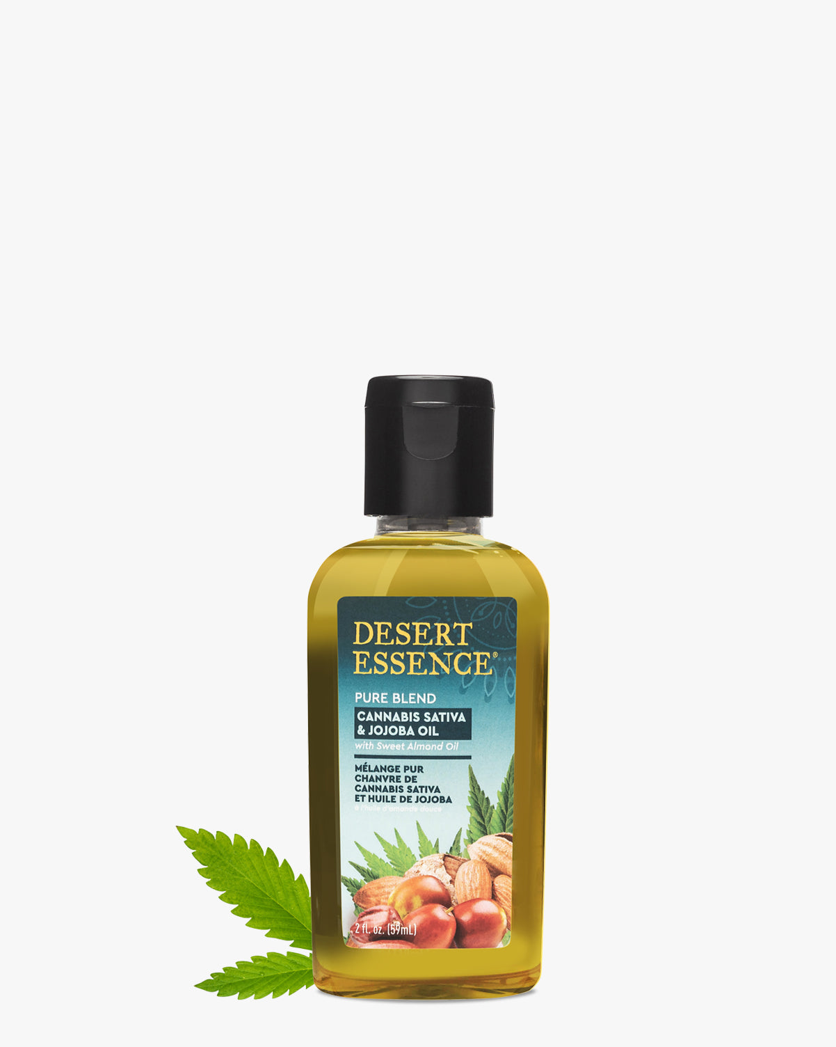 Desert Essence Cannabis Sativa & Jojoba Pure Oil Blend in a clear bottle displaying golden-yellow oil with botanical leaf design on label, showcasing natural skincare ingredients for nourishing skin care, 2 fl oz size