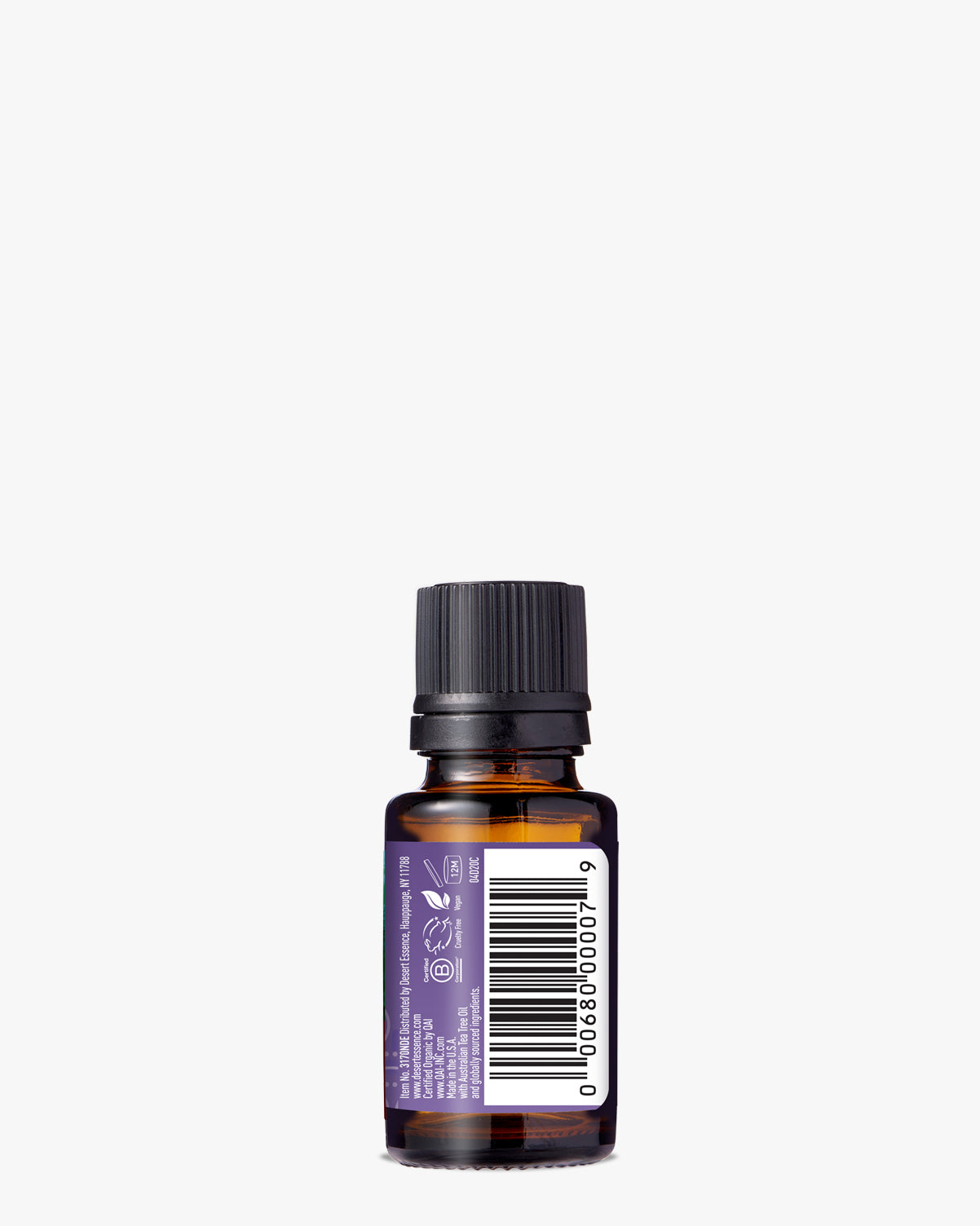 Organic Lavender Tea Tree Oil in amber glass bottle with black cap, featuring purple label, shown against white background. USDA-certified organic essential oil blend for aromatherapy, skincare, and home use.