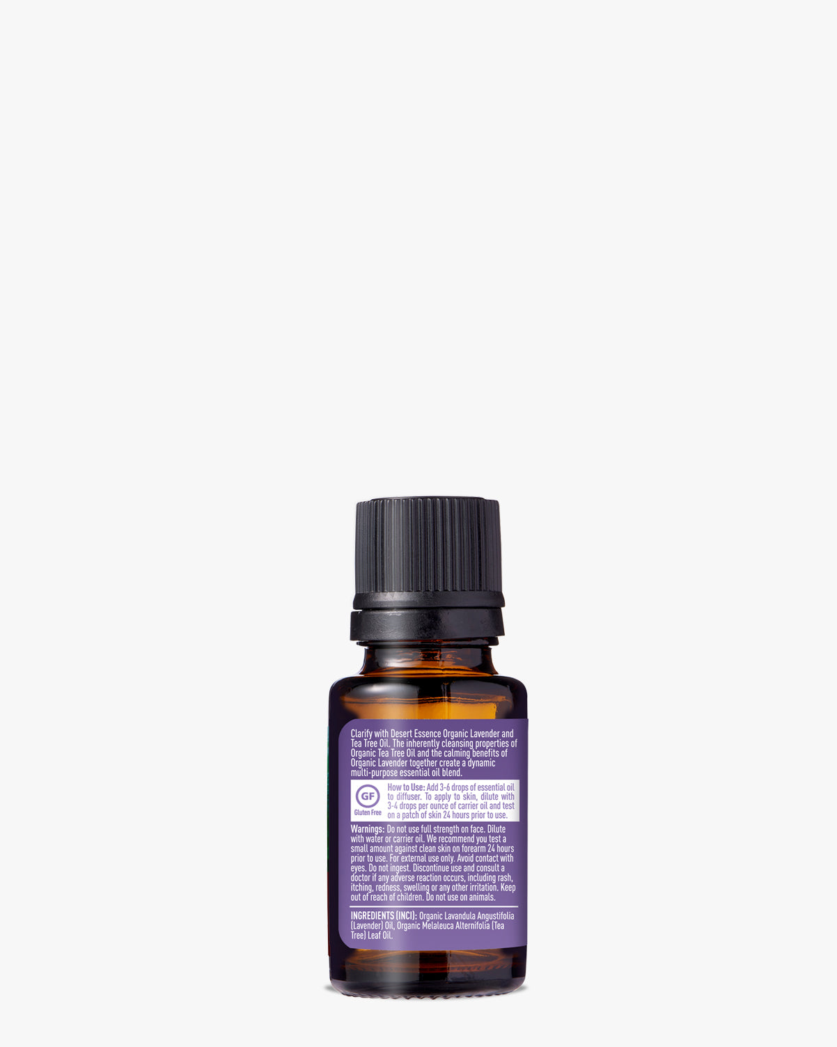 Organic Lavender Tea Tree Oil in amber glass bottle with black cap and purple label, showing USDA organic certification, suitable for aromatherapy, skincare, and household use