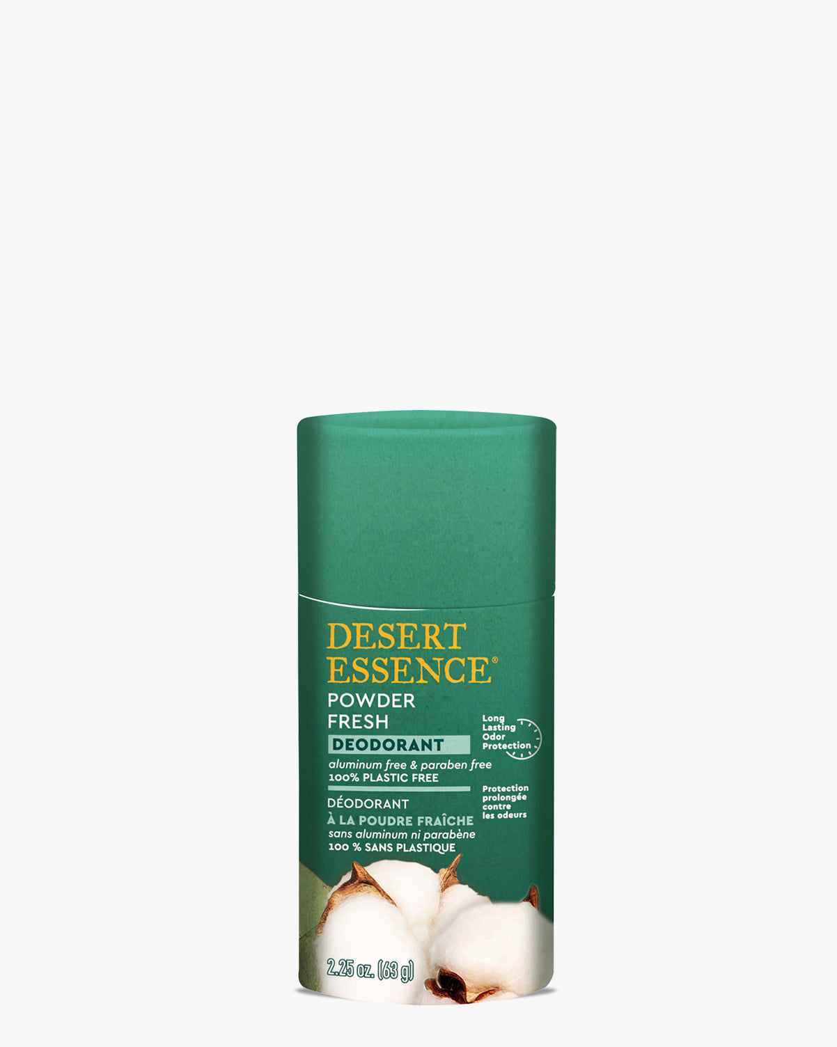 Desert Essence Powder Fresh Deodorant in an eco-friendly green paperboard tube with gold lettering, featuring natural ingredients and plastic-free packaging. Product shown against white background with cotton plant imagery on label.