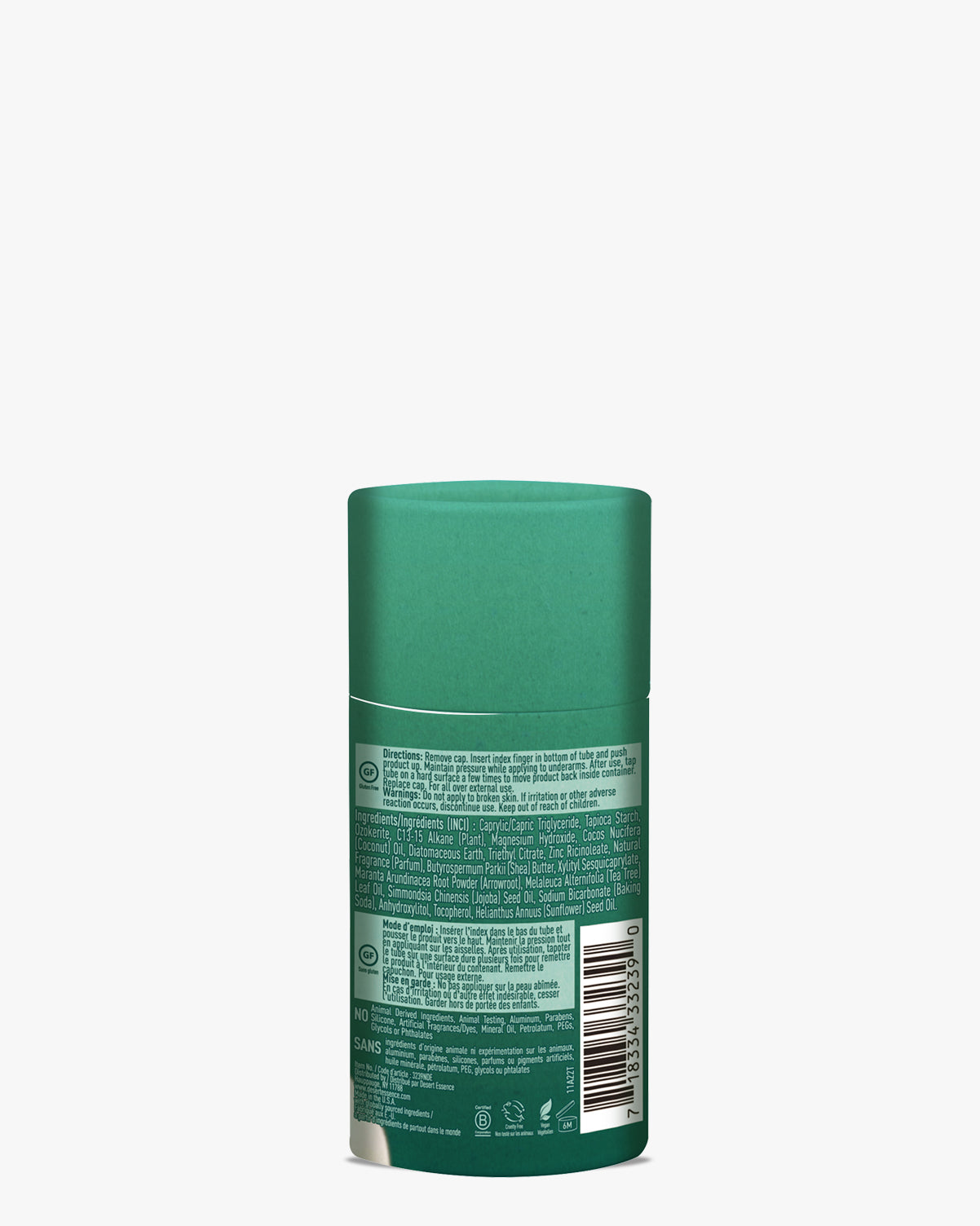Powder Fresh Deodorant in an eco-friendly green paperboard tube showing product information and ingredients list on a white background, featuring natural ingredients and aluminum-free formula in sustainable packaging.