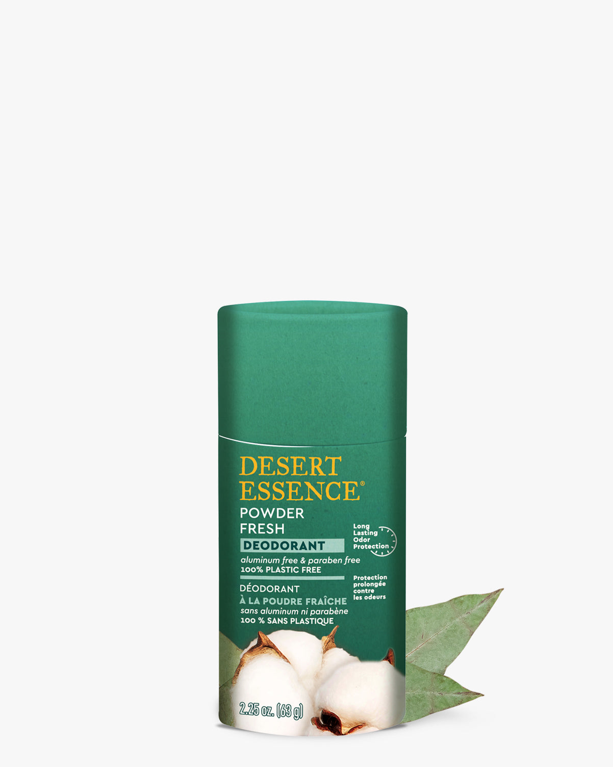 Desert Essence Powder Fresh Deodorant in eco-friendly green paperboard tube with natural cotton and leaf elements, showcasing aluminum-free formula in biodegradable packaging against white background