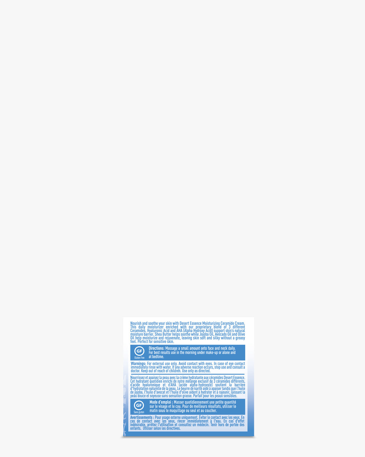 Moisturizing Ceramide Cream in a sleek blue and white product label showcasing key ingredients including ceramides, hyaluronic acid, and natural oils. Product information panel highlights benefits for sensitive skin and moisture barrier support.