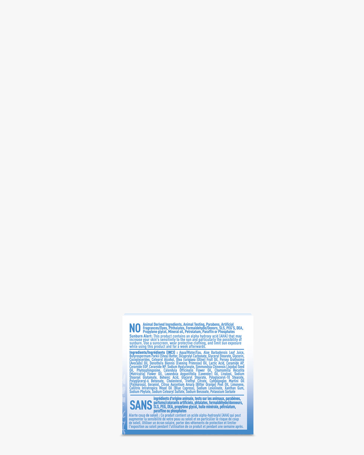Moisturizing Ceramide Cream product ingredients list displayed on a white background with blue text, showing natural components including Ceramides, Hyaluronic Acid, and botanical oils in both English and French languages