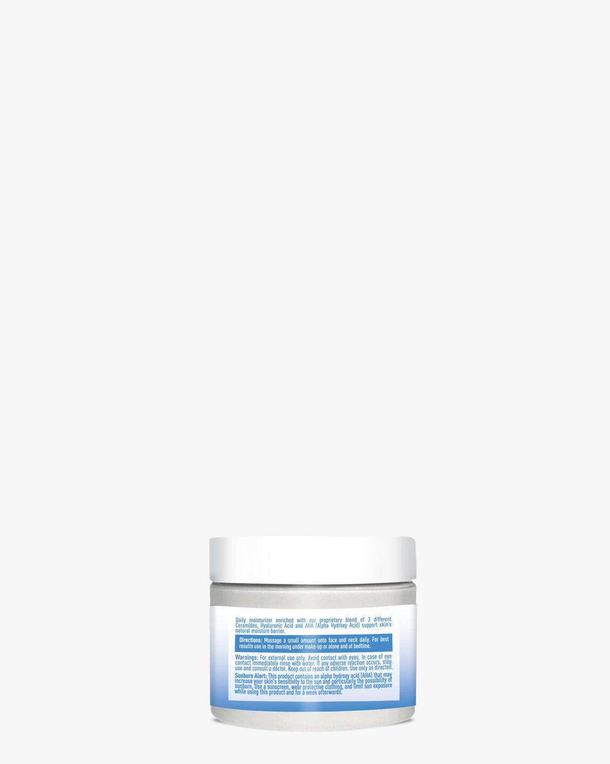 Moisturizing Ceramide Cream in a white glass jar with blue label, featuring ceramides, hyaluronic acid, and natural oils for skin barrier support. Professional skincare packaging against white background, showcasing premium moisturizer for sensitive skin.