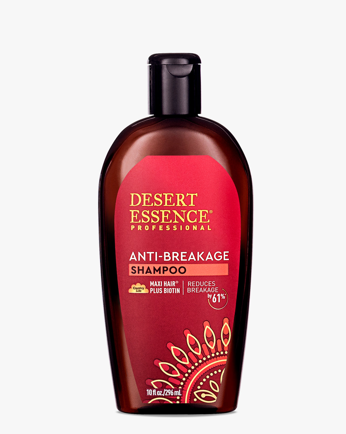 Desert Essence Anti-Breakage Shampoo bottle featuring a brown plastic container with red label and decorative gold sun pattern. Professional hair care product promising 61% breakage reduction, shown against white background.