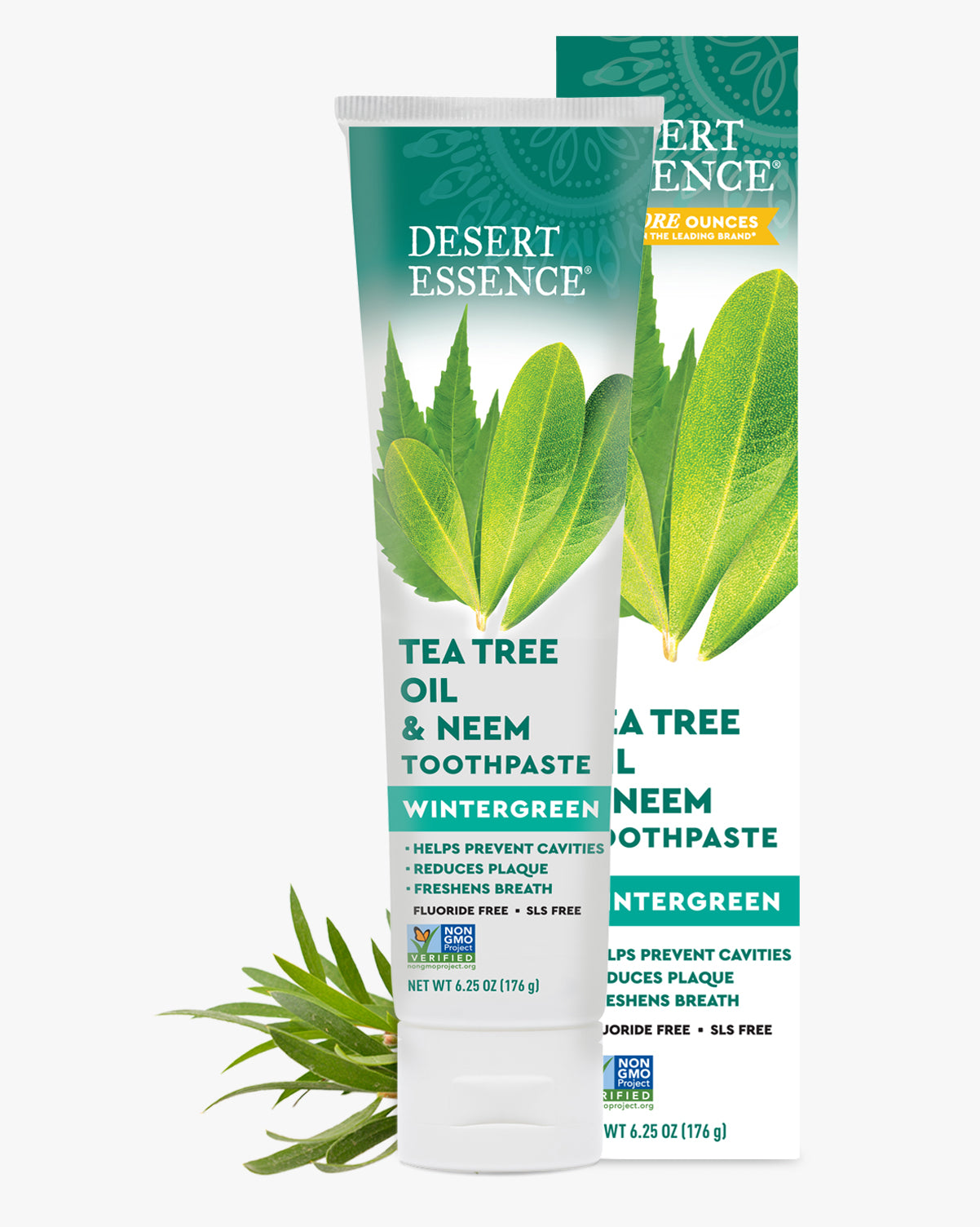 Desert Essence Tea Tree Oil & Neem Toothpaste tube with packaging on a white background