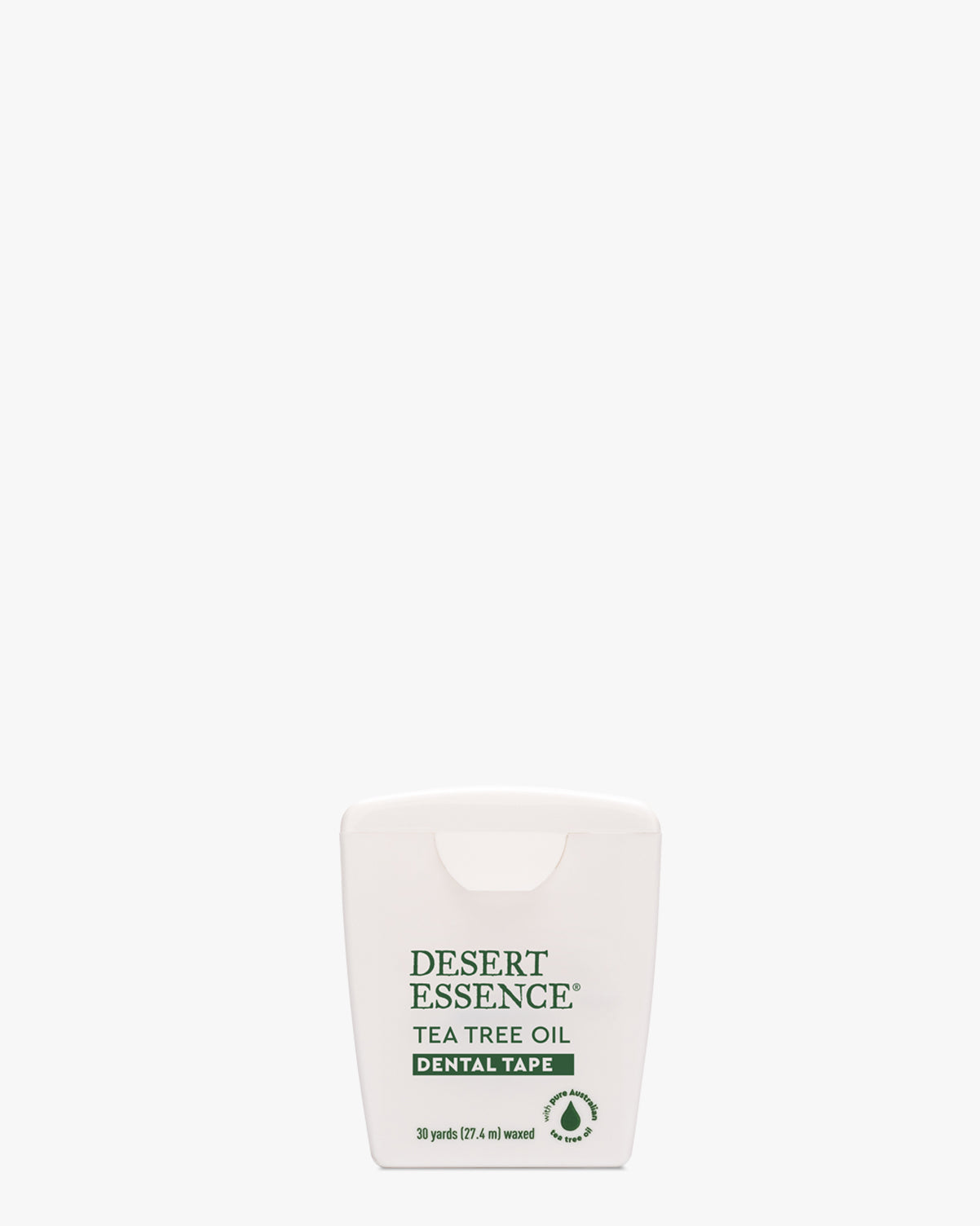 Tea Tree Oil Dental Tape by Desert Essence in a compact white dispenser with green text and eco-friendly logo, featuring sustainable beeswax-coated tape infused with natural tea tree oil and mint for effective dental cleaning.