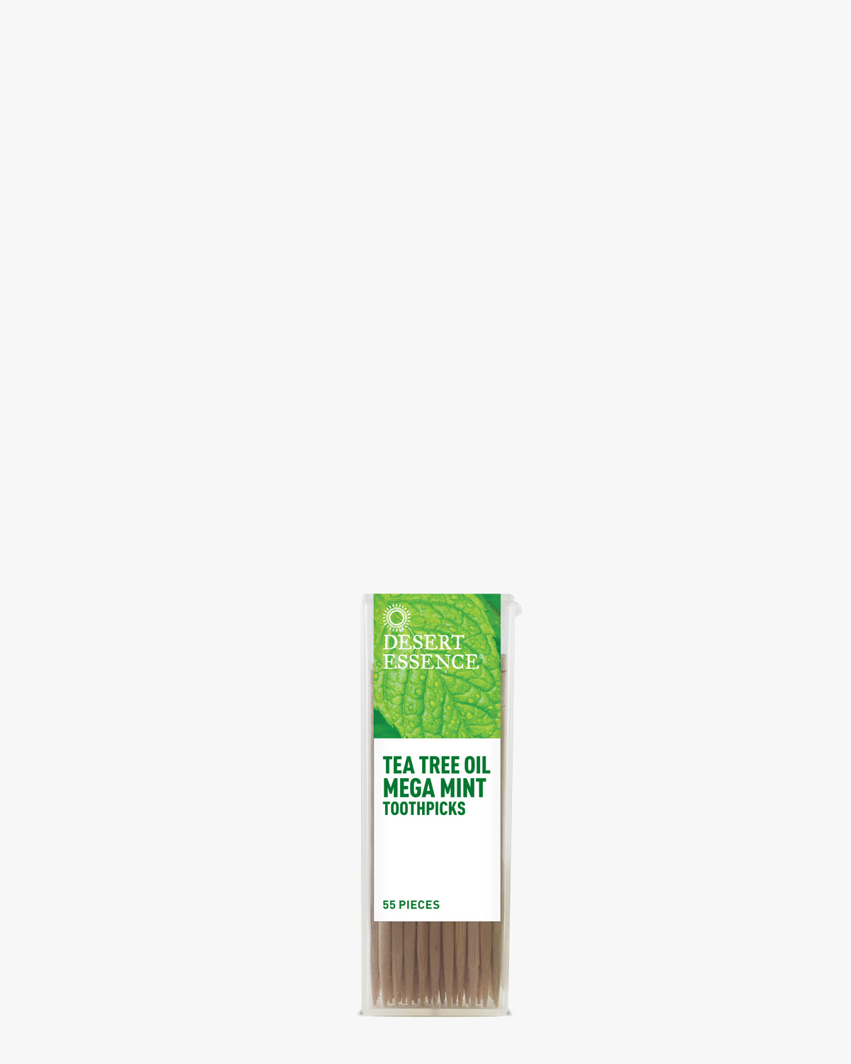 Tea Tree Oil Mega Mint Toothpicks by Desert Essence in slim white packaging with green leaf design, displaying natural wooden toothpicks infused with tea tree and mint oils for fresh breath and oral hygiene