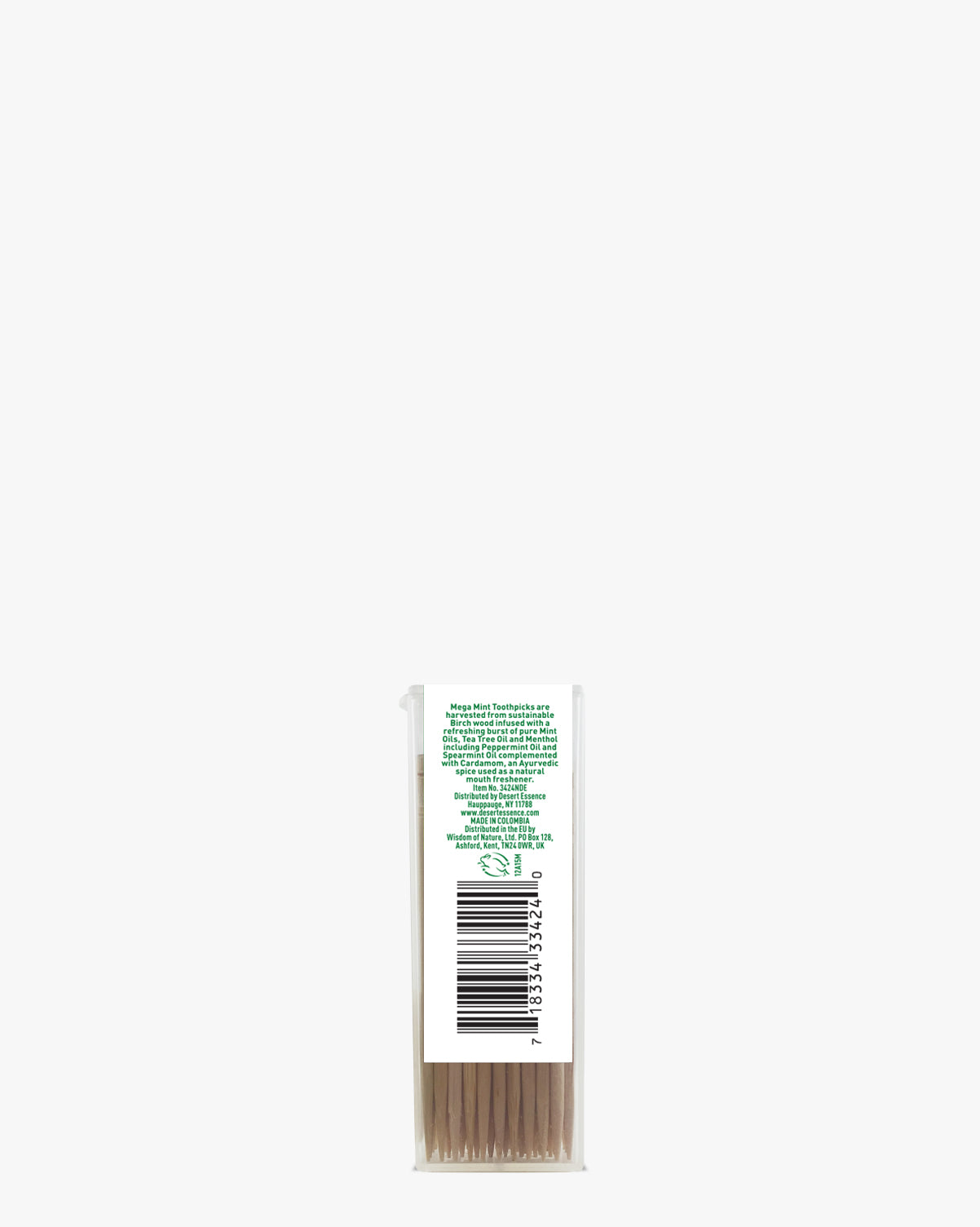Tea Tree Oil Mega Mint Toothpicks in a slim white package showing product barcode and green text description. Natural birch wood toothpicks infused with tea tree and mint oils visible through clear packaging window.