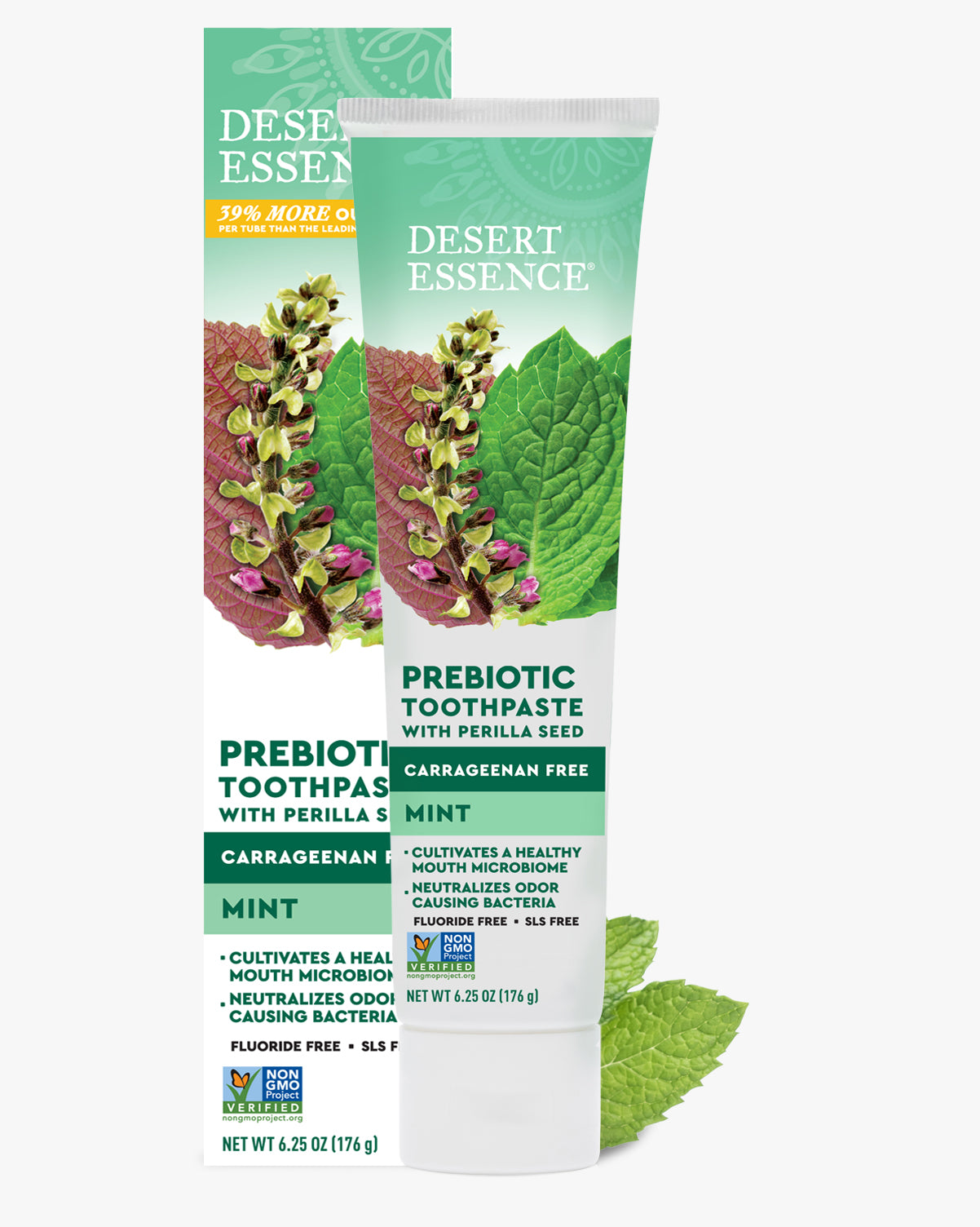 Desert Essence prebiotic toothpaste packaging on a white background