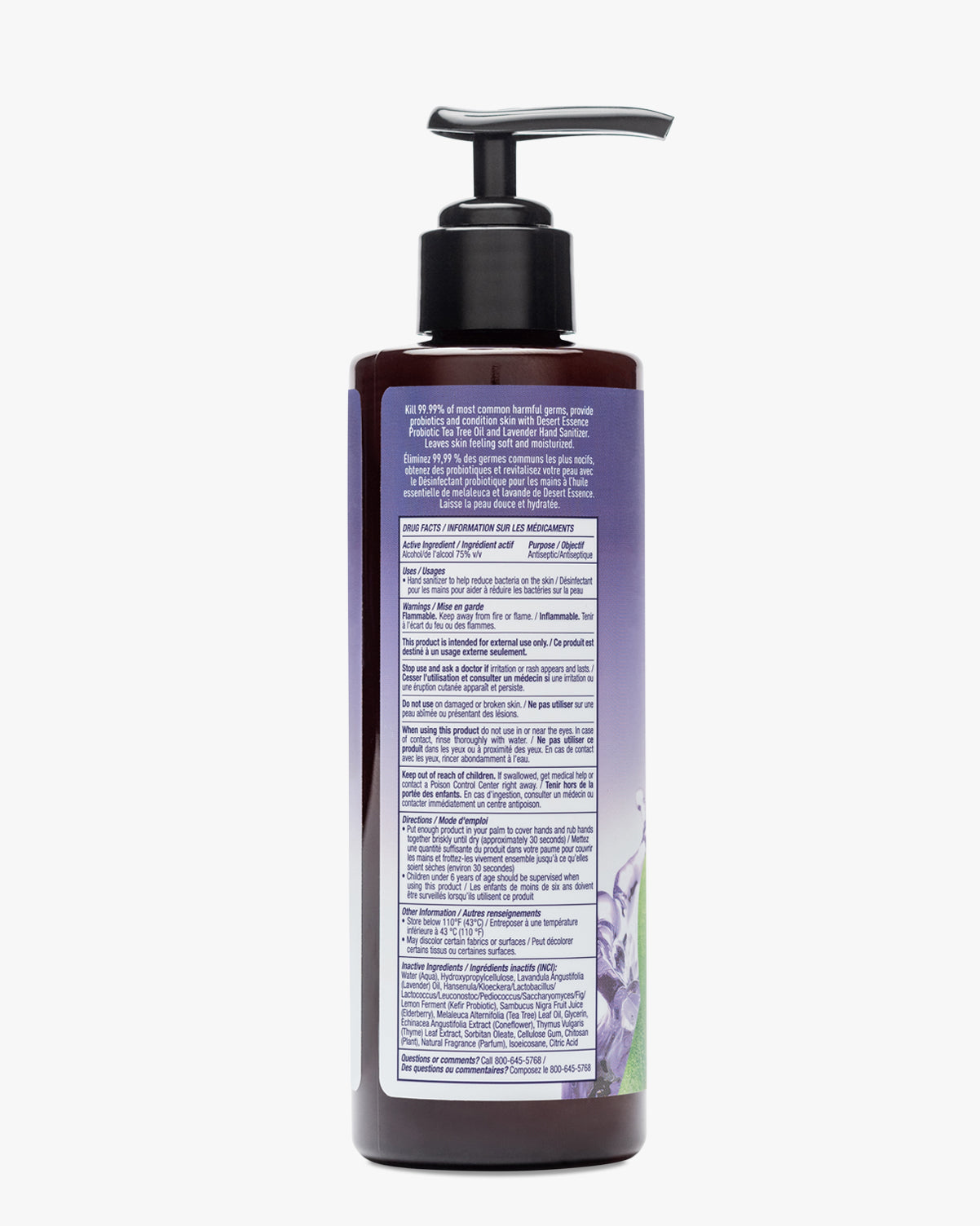 Lavender & Tea Tree Oil Probiotic Hand Sanitizer bottle in dark brown color with a black pump dispenser, showing product label with lavender floral designs and detailed ingredient information on a white surface