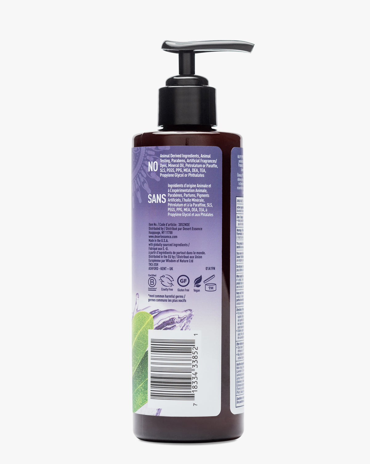 Desert Essence Lavender & Tea Tree Oil Probiotic Hand Sanitizer bottle featuring a dark brown container with purple label, black pump dispenser, and illustrated lavender and leaf design. Product information and barcode visible on back label.