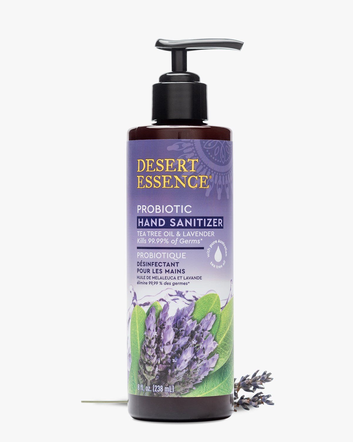 Desert Essence Lavender & Tea Tree Oil Probiotic Hand Sanitizer bottle featuring purple packaging with lavender botanical illustration, pump dispenser, and natural ingredients labeling. Promotes 99.9% germ protection with probiotic benefits.
