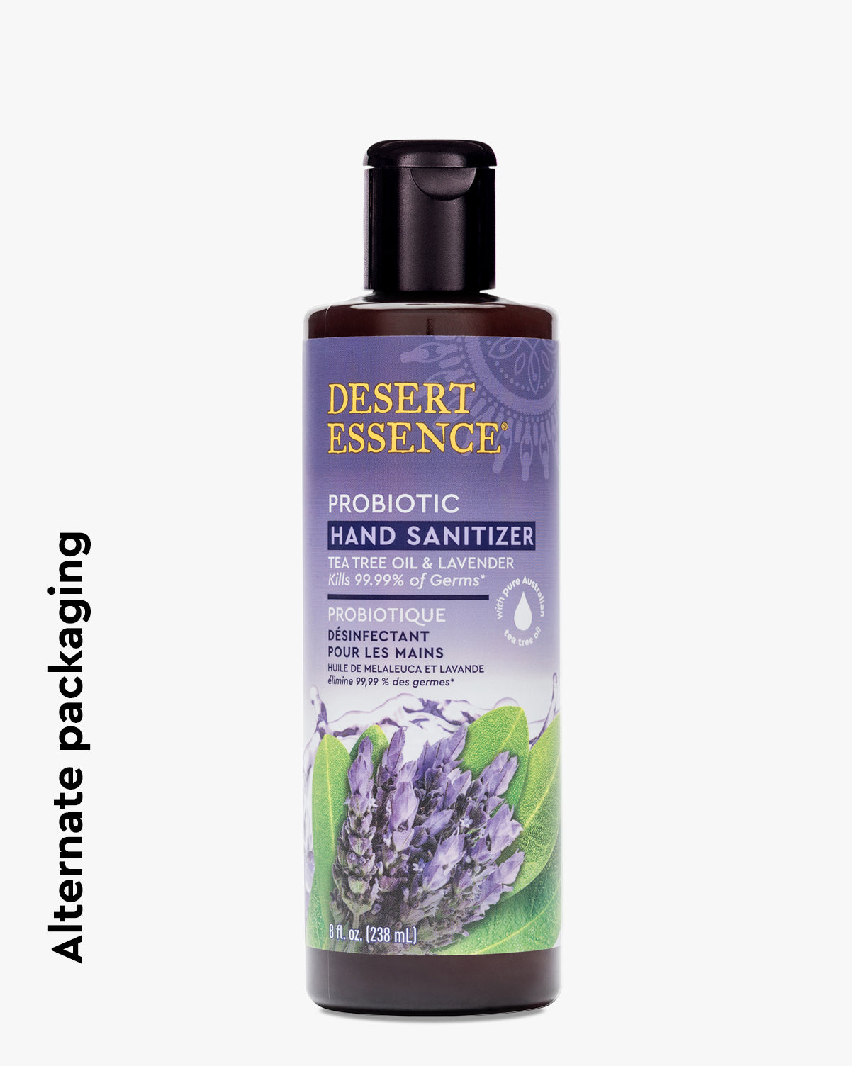 Desert Essence Lavender & Tea Tree Oil Probiotic Hand Sanitizer bottle with purple label featuring lavender sprigs illustration, showing natural botanical ingredients in a dark brown plastic container with flip-top cap.