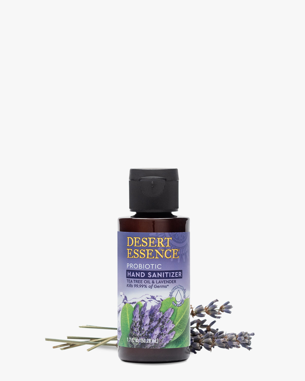 Desert Essence Tea Tree Oil & Lavender Probiotic Hand Sanitizer 1.7oz bottle displayed with fresh lavender sprigs and stems against a white background, featuring purple and green label design with botanical illustrations
