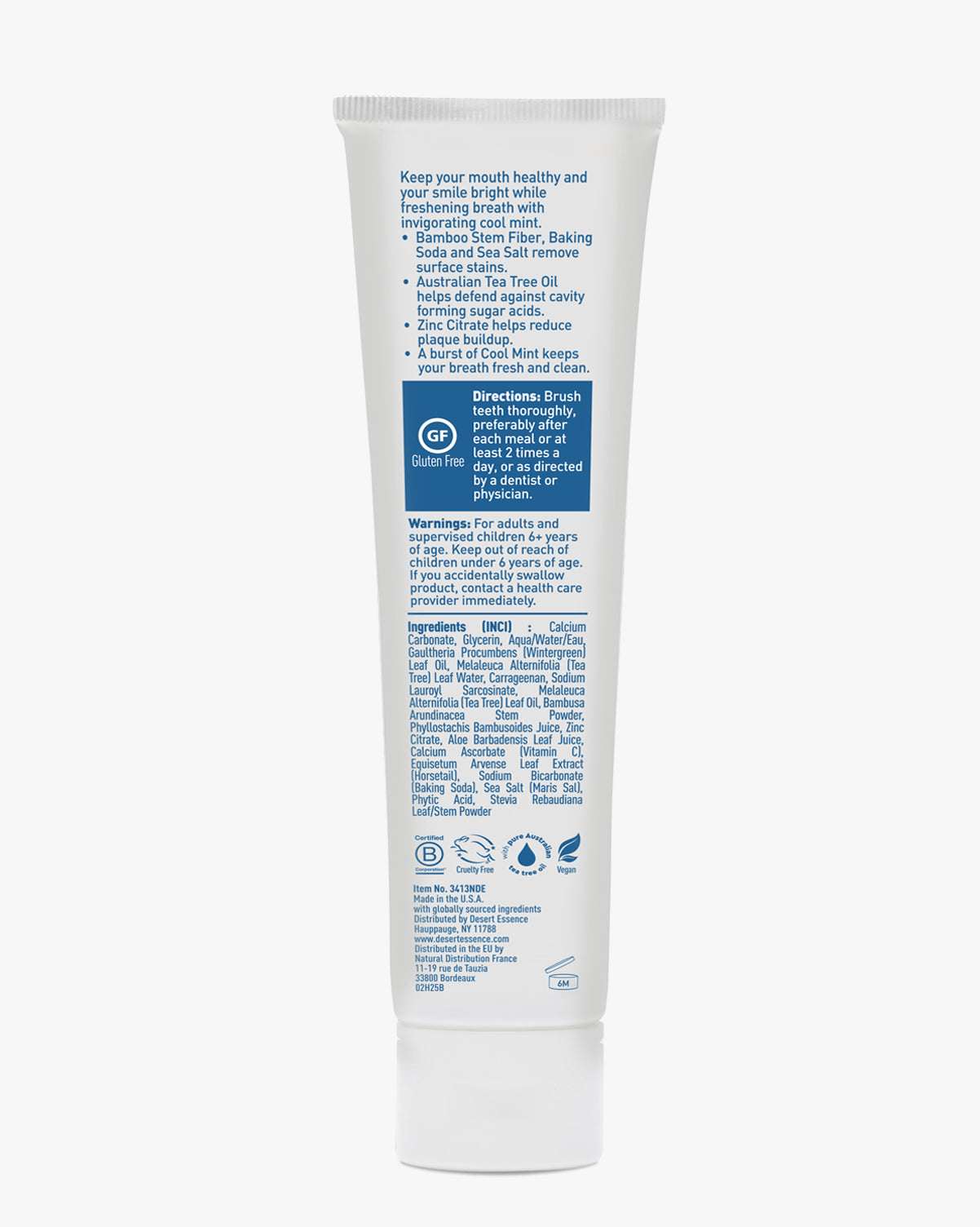 Tube of toothpaste with blue text on a white background