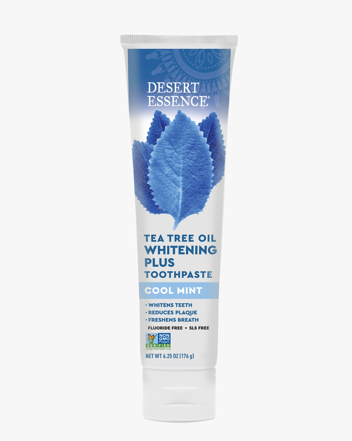 Desert Essence Tea Tree Oil Whitening Plus Toothpaste tube on a white background