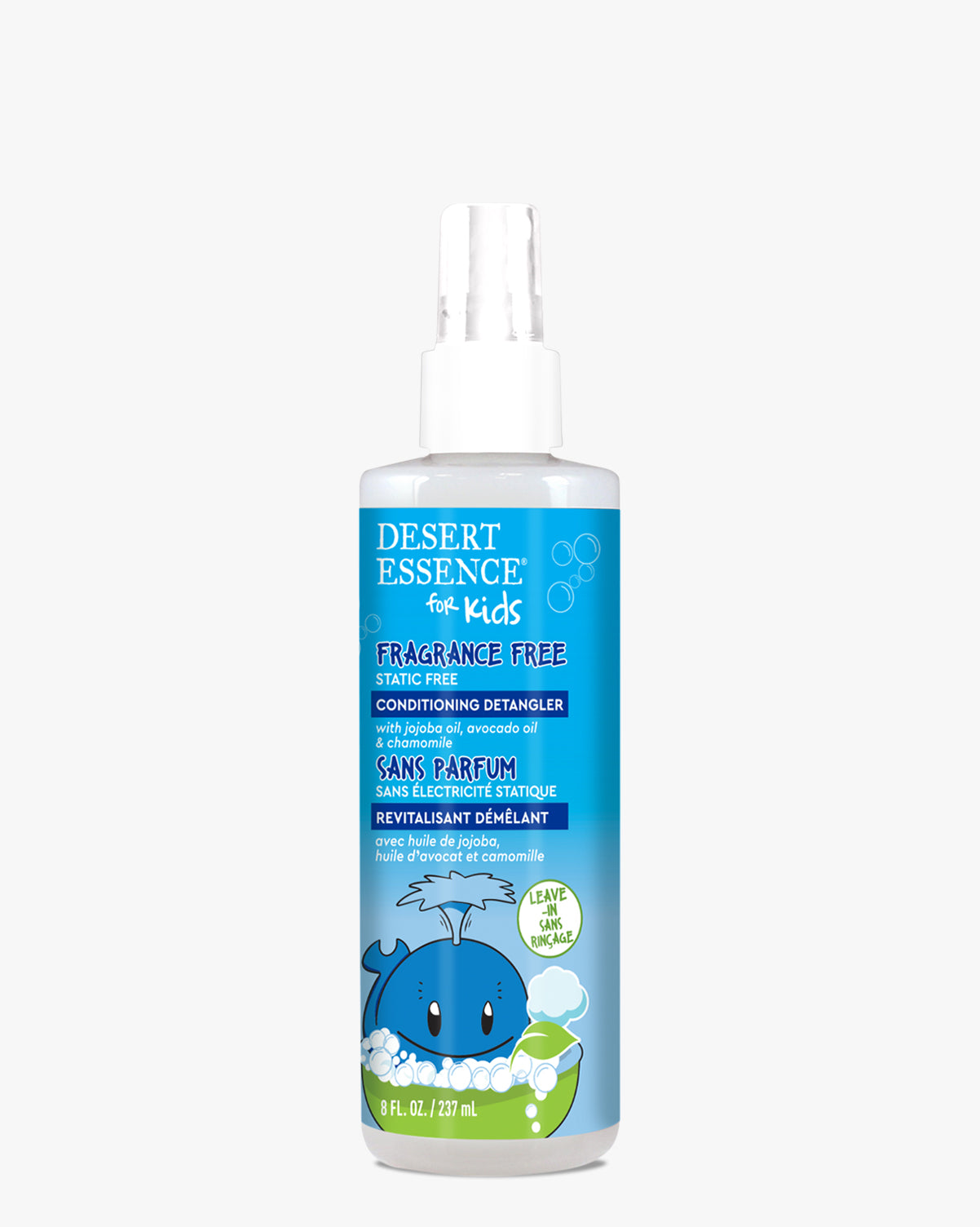 Desert Essence Fragrance Free Conditioning Detangler Spray for Kids, 8 fl. oz. bottle featuring a blue and white design with a playful whale cartoon illustration, displayed on a white background. Natural hair care product for children.
