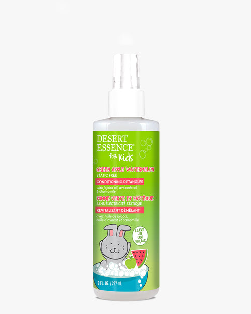 Desert Essence Green Apple Watermelon Conditioning Detangler Spray for Kids in white spray bottle with green label featuring cartoon bunny and watermelon illustrations, 8 fl. oz size for gentle hair detangling and conditioning