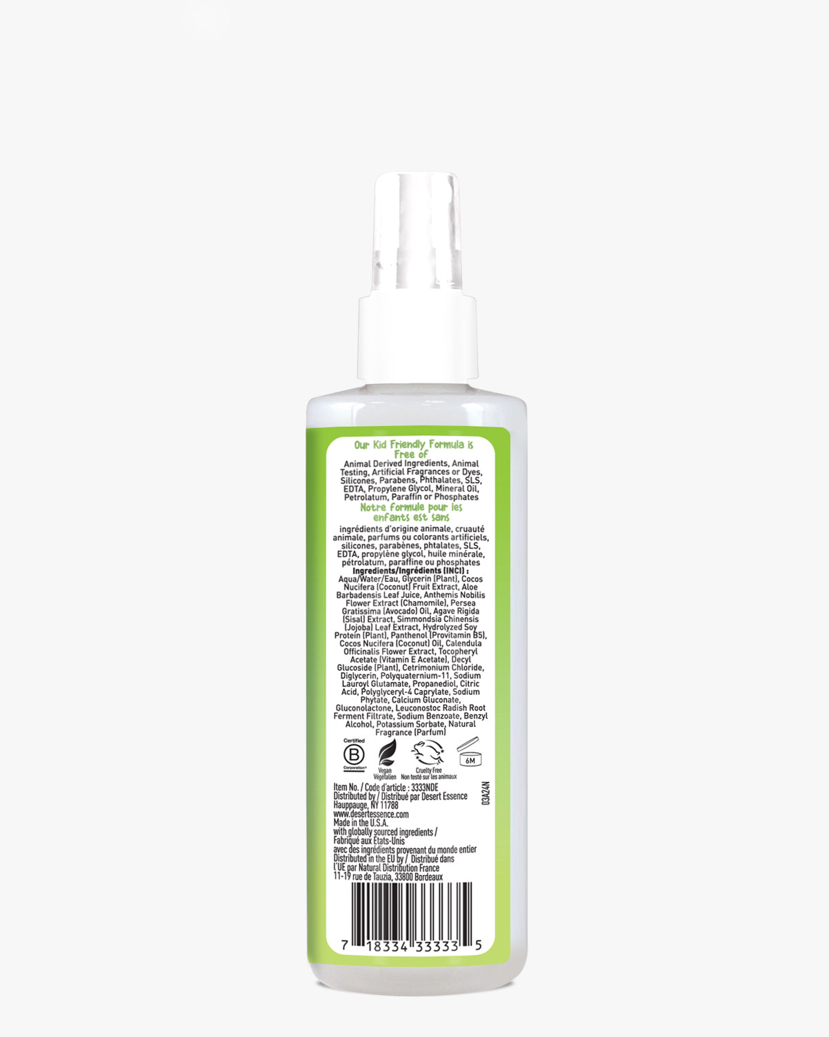 Green Apple Watermelon Conditioning Detangler Spray for Kids in a white plastic spray bottle with green label details. Product shows ingredients list and usage instructions on back label. 8 fl. oz size with spray nozzle dispenser.