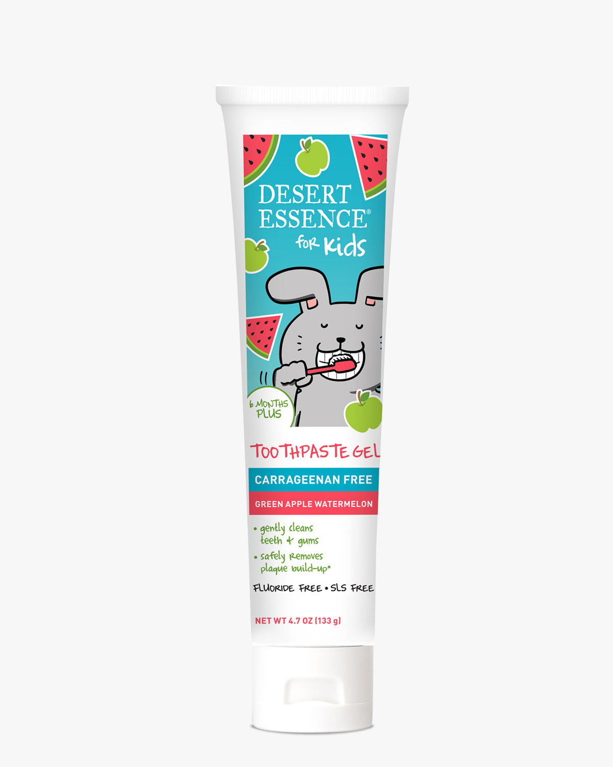 Desert Essence toothpaste gel for kids with a cartoon bunny on a white background