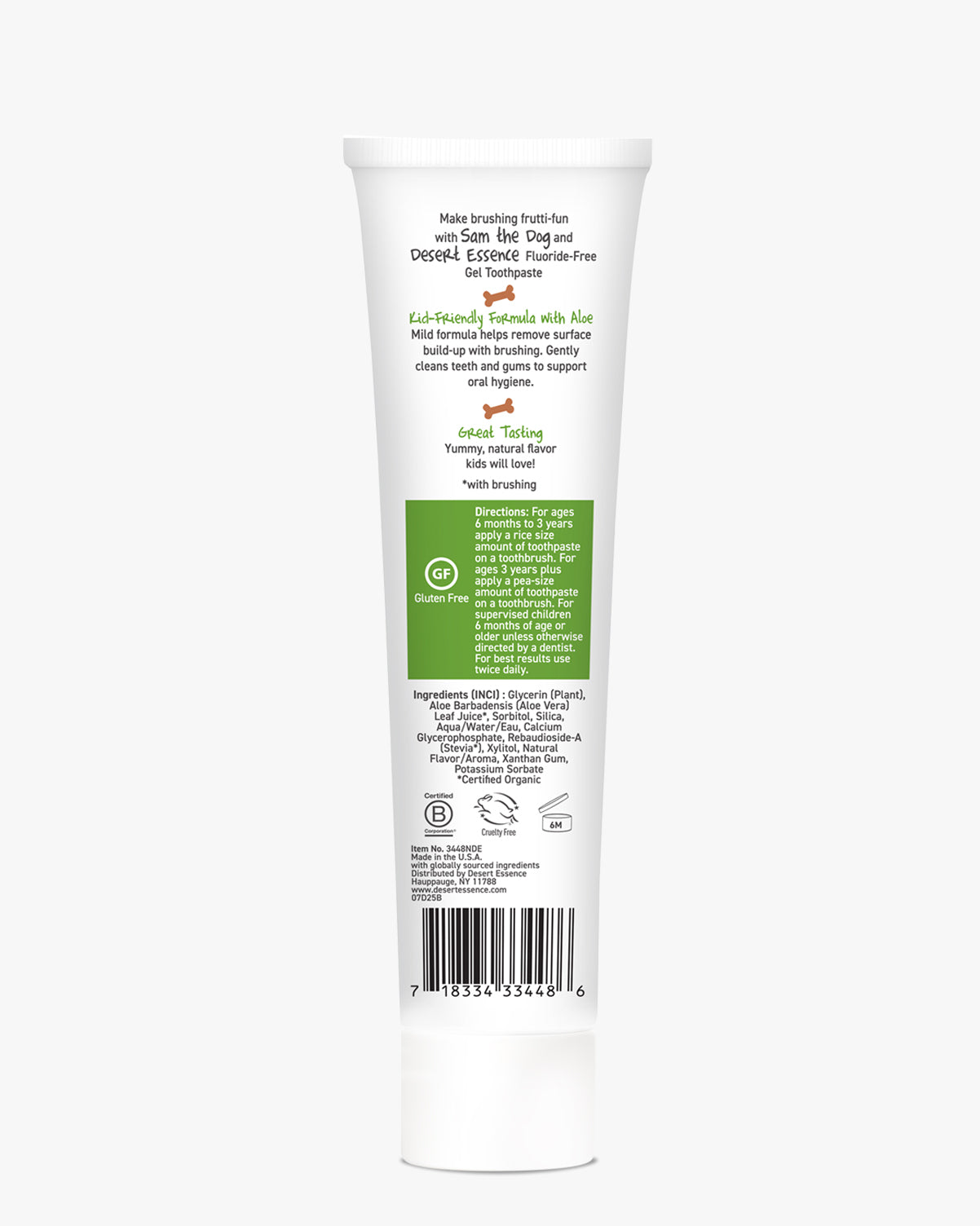 Back of Desert Essence Kids toothpaste tube with colorful packaging on a white background