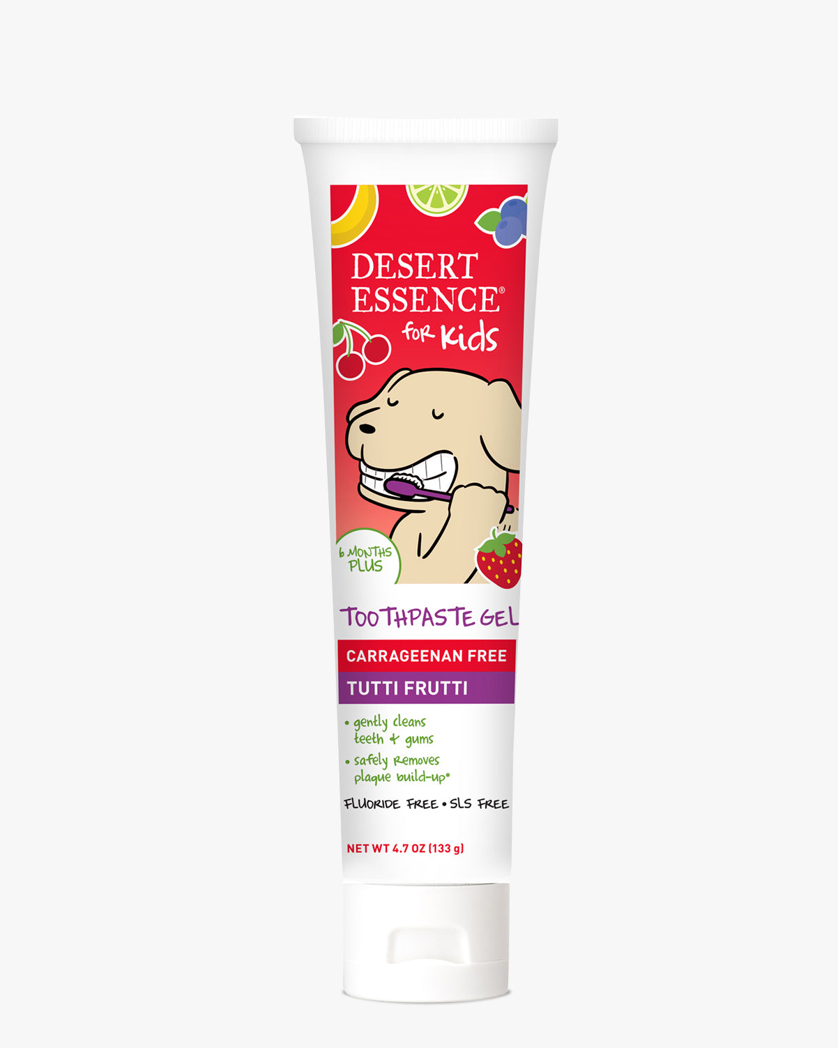 Desert Essence Kids toothpaste tube with colorful packaging on a white background