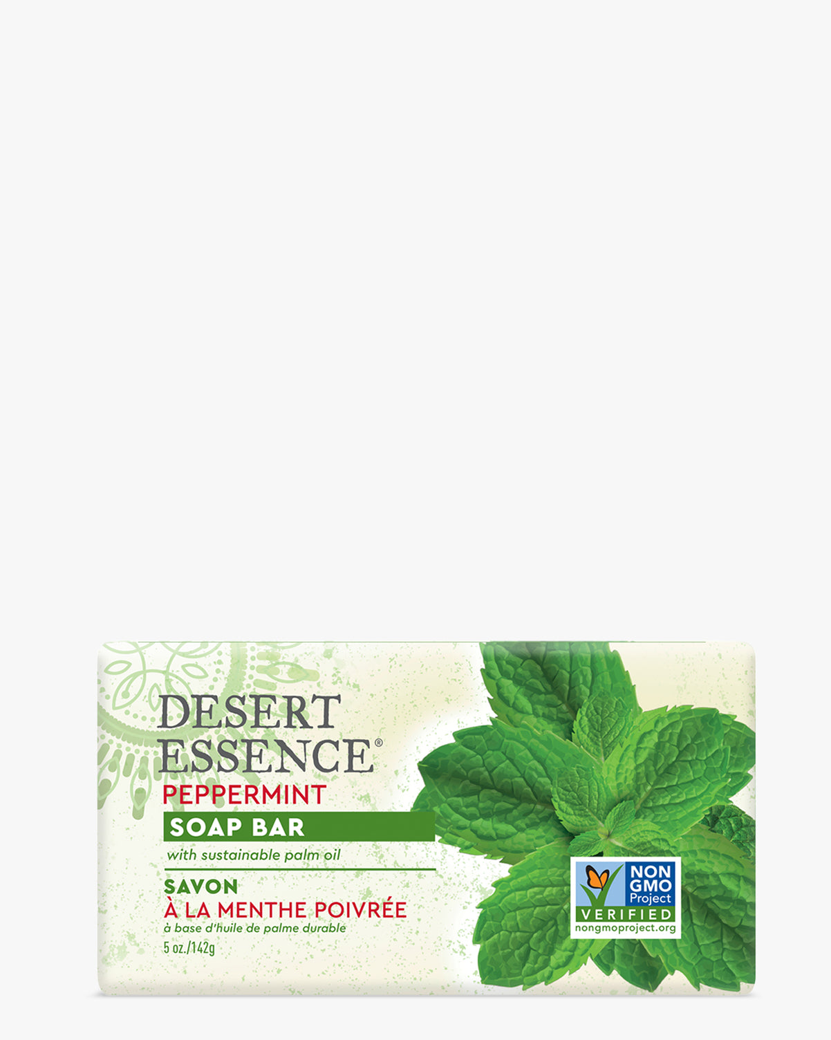 Peppermint Soap Bar by Desert Essence featuring fresh green peppermint leaves on cream-colored packaging with sustainably sourced palm oil label and Non-GMO certification badge