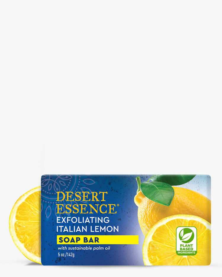 5 oz. of Desert Essence Exfoliating Italian Lemon Soap Bar with lemons.