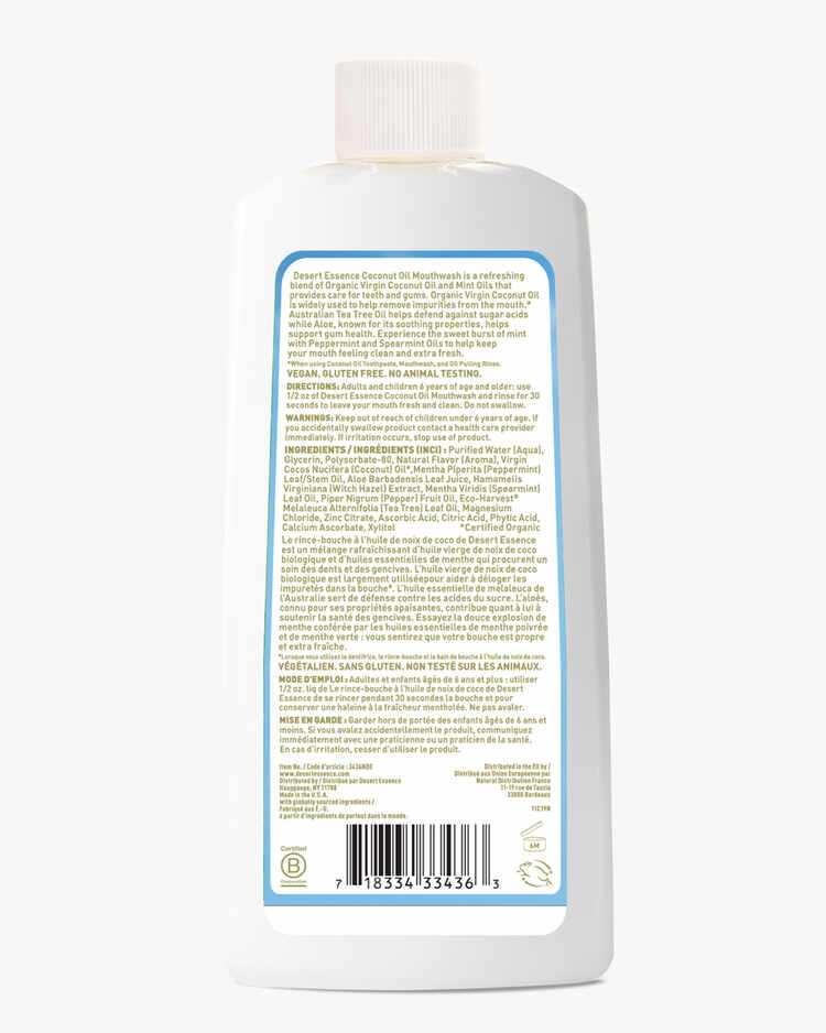 Back of the bottle description of the Coconut Oil Mouthwash Coconut Mint by Desert Essence.