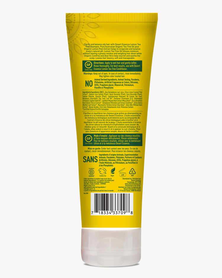 Back label of the Lemon Tea Tree Clarifying Shampoo with description, directions, warnings, and ingredient list.
