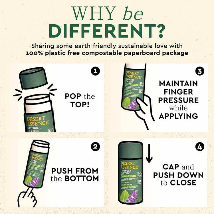 Infographic explaining the use of Desert Essence's compostable paperboard packaging with four steps: Pop the top, push from the bottom, apply with pressure, and cap to close.