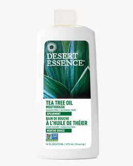 16 Fl. oz. bottle of the Tea Tree Oil Mouthwash Spearmint by Desert Essence.