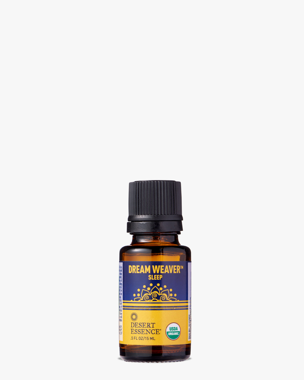 Dream Weaver Organic Essential Oil in amber glass bottle with black cap, featuring blue and gold label design. The sleep-promoting blend showcases Desert Essence branding and organic certification against a clean white background.