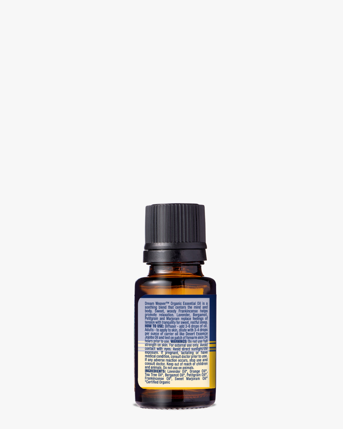 Dream Weaver Organic Essential Oil in amber glass bottle with black cap, showing product label with usage instructions. The small bottle contains a blend of organic relaxation-promoting oils including Frankincense, Lavender, Bergamot, Petitgrain and Marjoram.