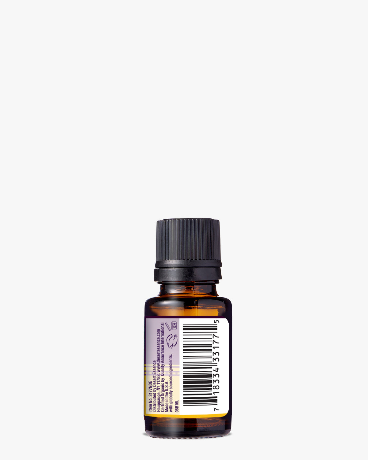 Inner Peace Organic Essential Oil in amber glass bottle with black cap, featuring purple label displaying product information and barcode on minimalist white background. 15ml dropper bottle of organic aromatherapy blend for meditation and relaxation.