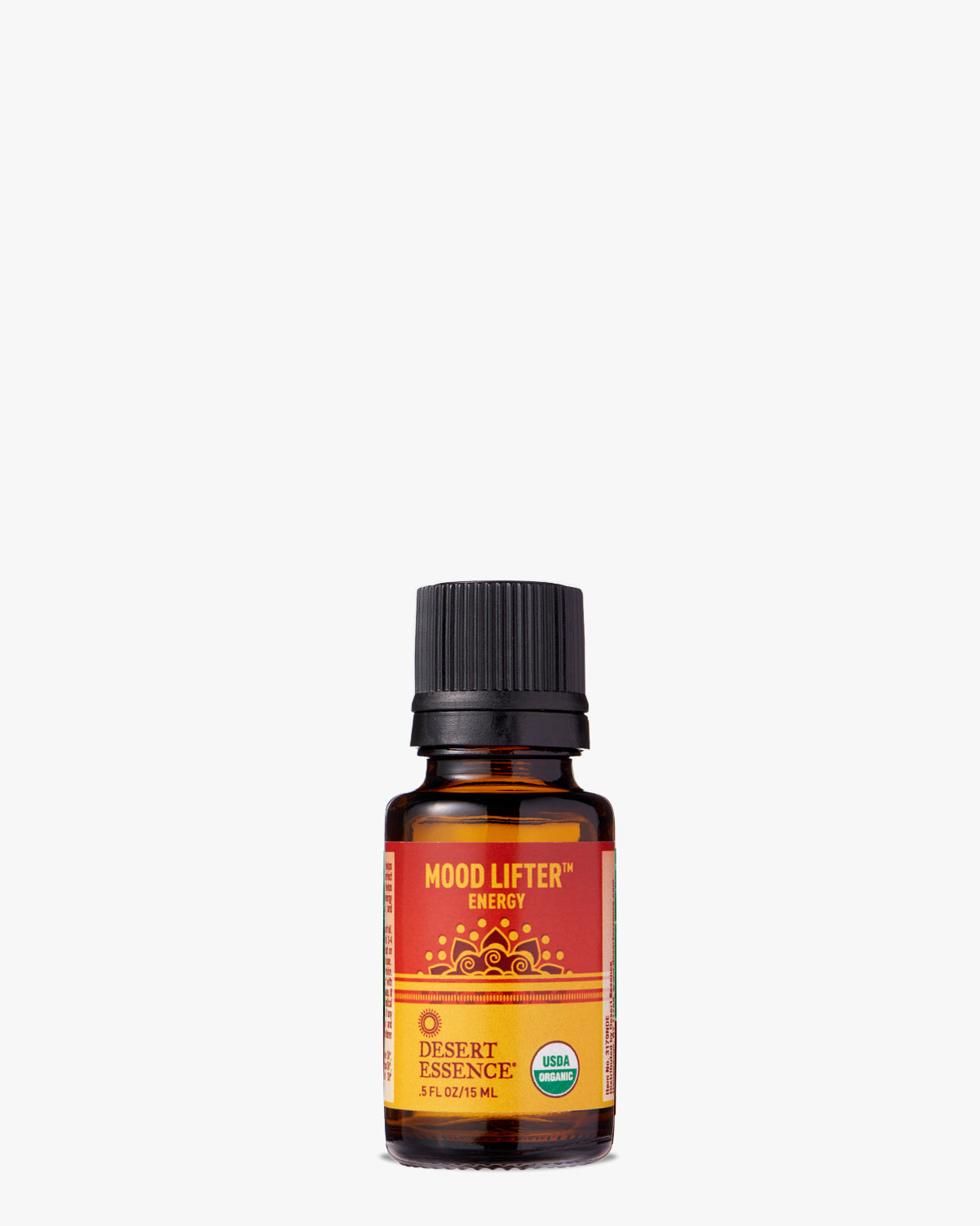 Mood Lifter Organic Essential Oil in amber glass bottle with black cap, featuring orange and yellow label with decorative mandala design. USDA organic certification mark visible on packaging showing natural aromatherapy blend for energy and mood enhancement.