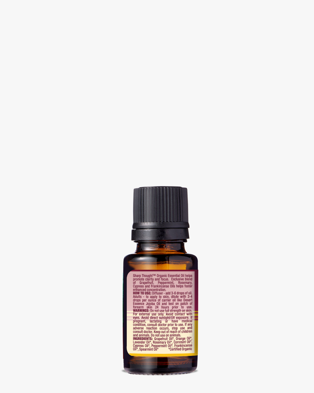 Sharp Thought Organic Essential Oil in an amber glass bottle with black cap, featuring a product label with detailed ingredients and instructions, displayed against a clean white background. Perfect for aromatherapy and mental focus.