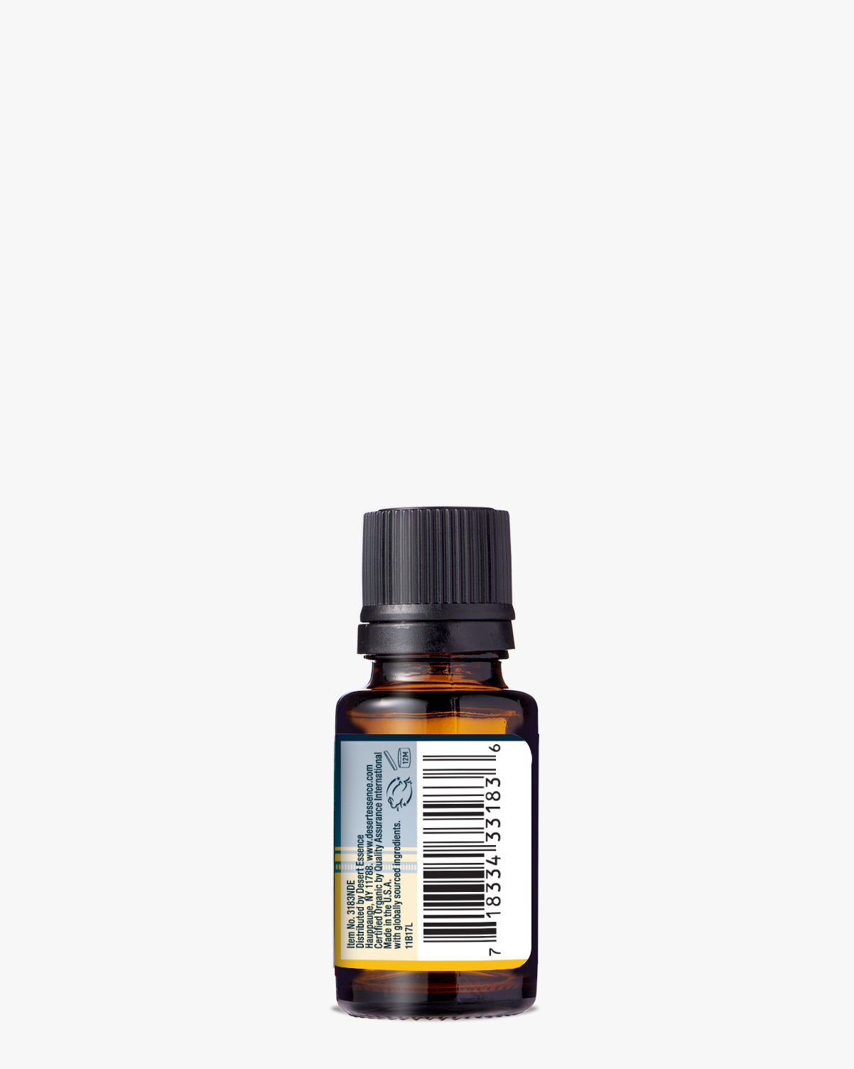 Muscle Melt Organic Essential Oil in amber glass bottle with black cap, featuring a blue and yellow label displaying product information and barcode against a white background