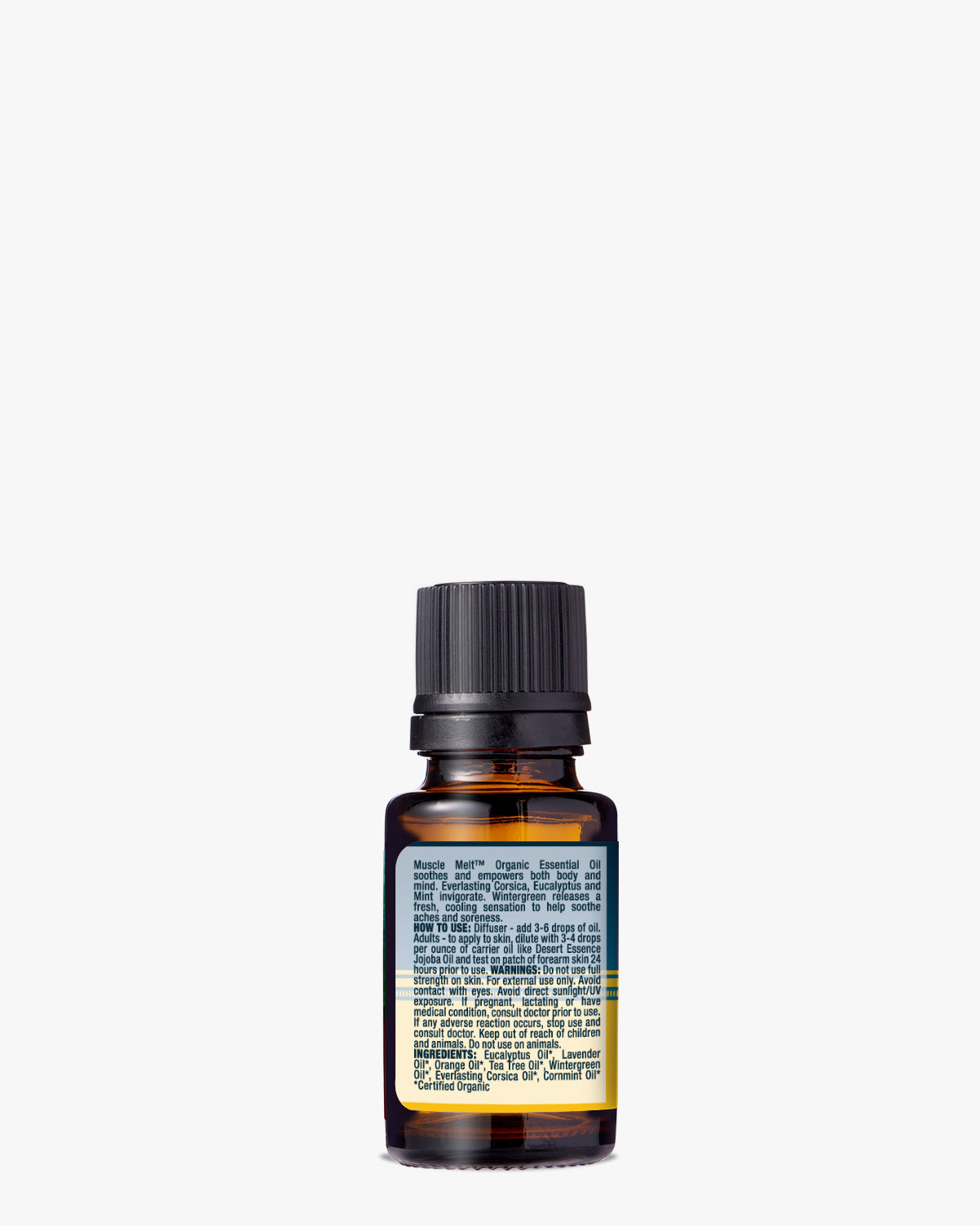 Muscle Melt Organic Essential Oil in amber glass bottle with black cap, featuring a blend of eucalyptus, mint, wintergreen, and lavender for muscle tension relief. Blue and yellow label displays product information against white background.