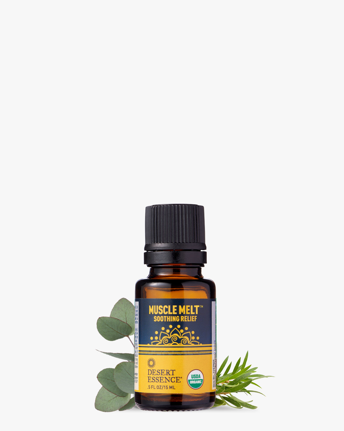 Muscle Melt Organic Essential Oil in amber glass bottle with black cap, featuring yellow and navy label design, displayed with fresh eucalyptus leaves and rosemary sprigs against white background. USDA organic certified muscle relief blend.