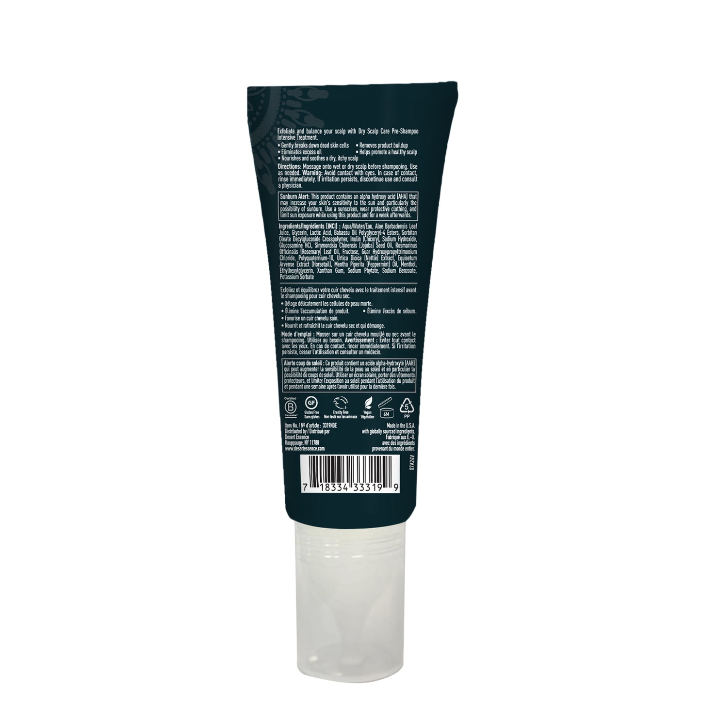 dark blue dry scalp care product pre-shampoo intensive treatment for exfoliating and balancing with how to use information, sunburn alert details and ingredients sitting on a white background.