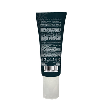 dark blue dry scalp care product pre-shampoo intensive treatment for exfoliating and balancing with how to use information, sunburn alert details and ingredients sitting on a white background.
