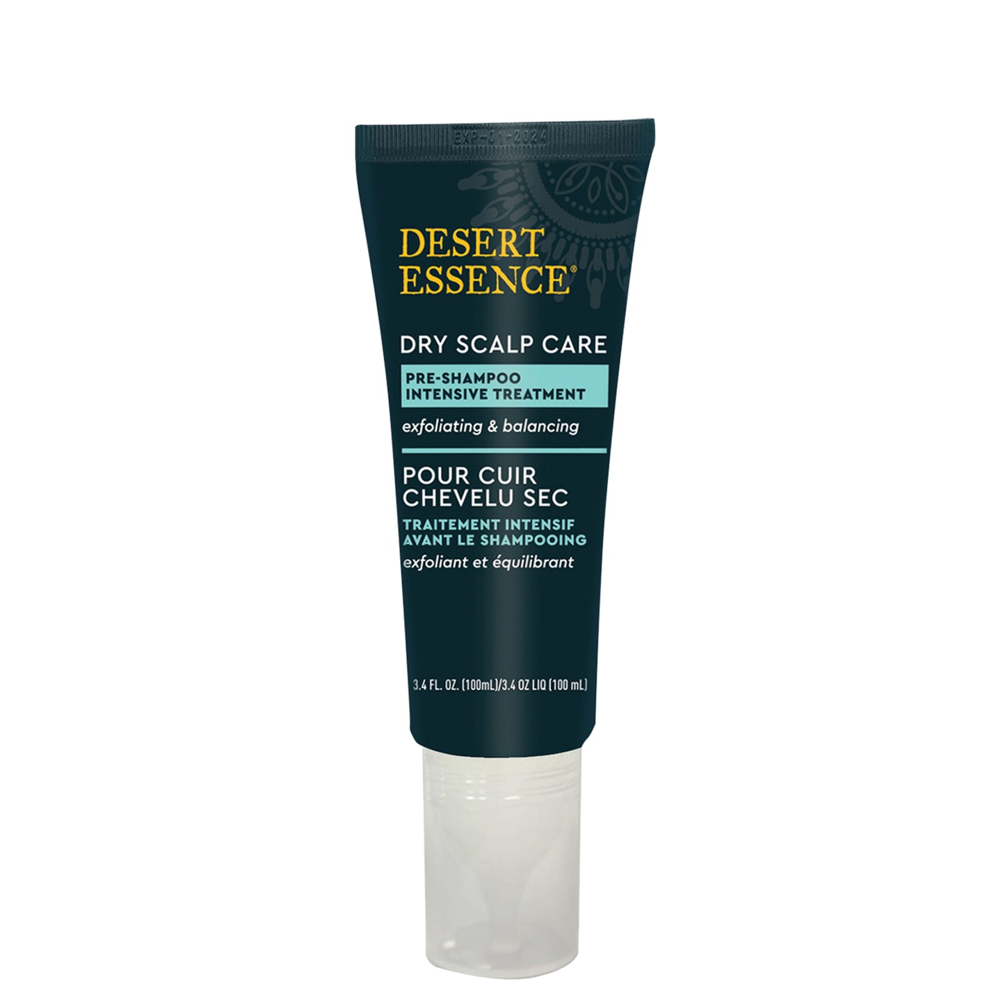 dark blue dry scalp care product pre-shampoo intensive treatment for exfoliating and balancing sitting on a white background